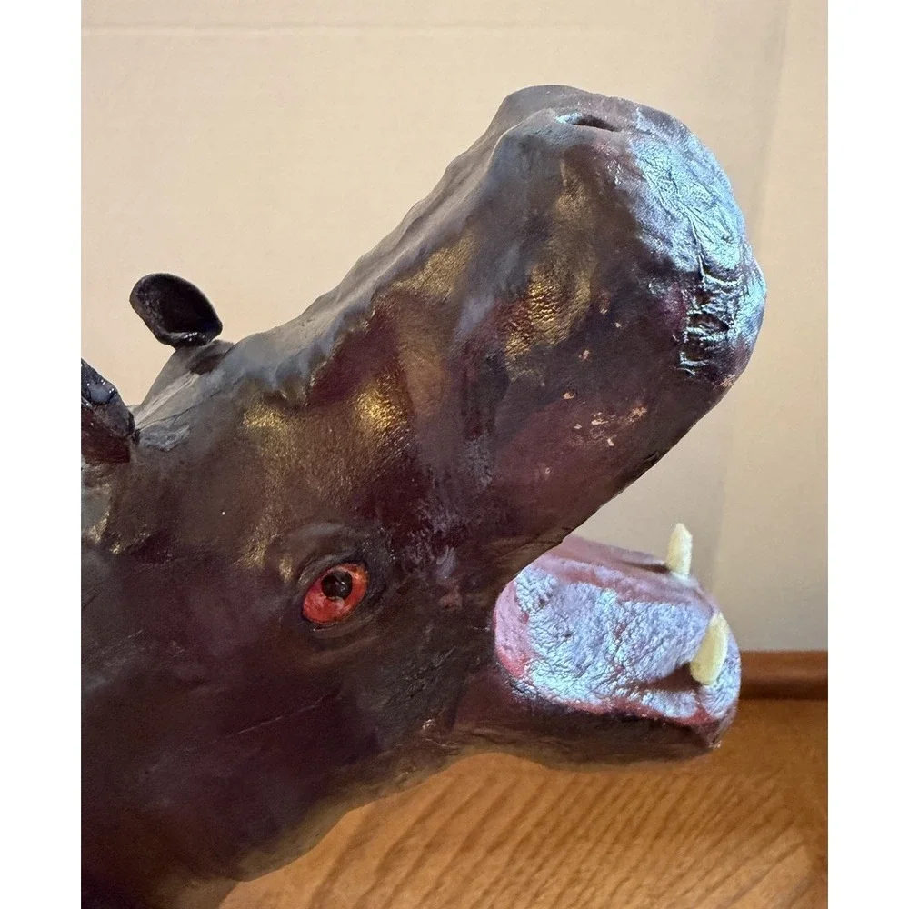 Vintage Leather Wrapped Hippo Hippopotamus Figure Red Eye 12x10x4 Decor
